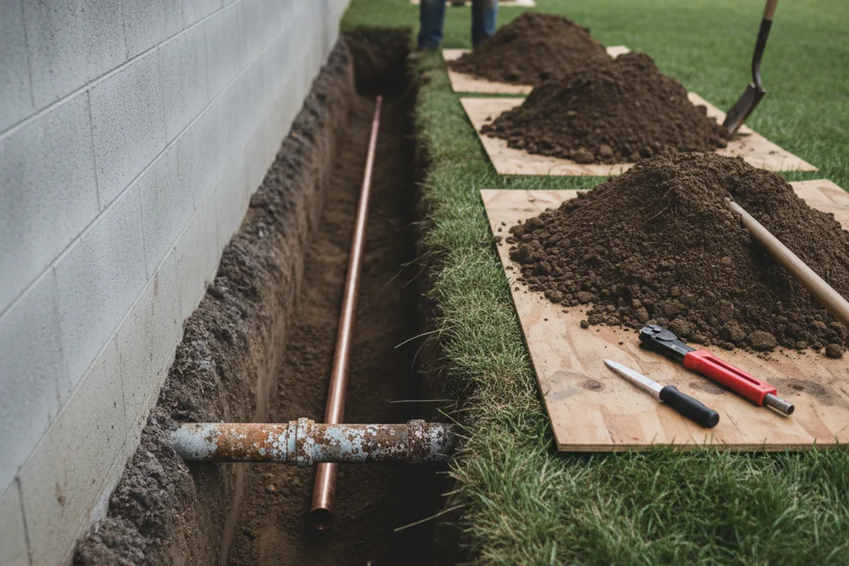 Excavated water line trench during Sewer Line Repair in Forestport